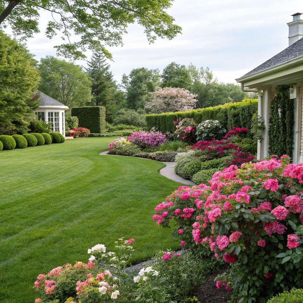 Beautiful residential landscaping with green lawns and flowers